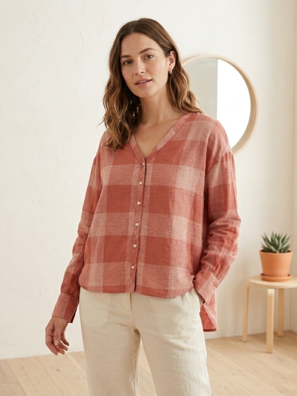 Pendleton Linen Blouse Balloon Sleeve Rust Coral Plaid Cottage Coastal Beach S